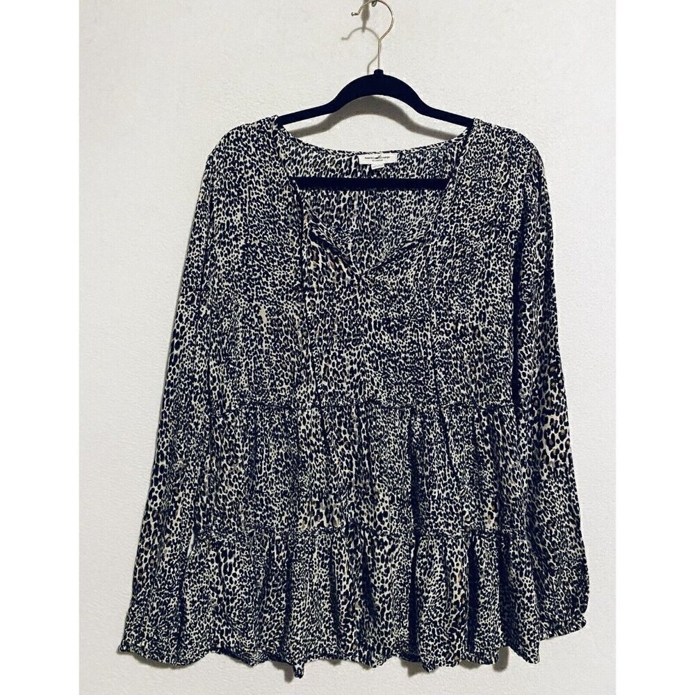 Beach Lunch Lounge Top Womens Large Animal Print Tiered Ruffle Tie Neck Boho